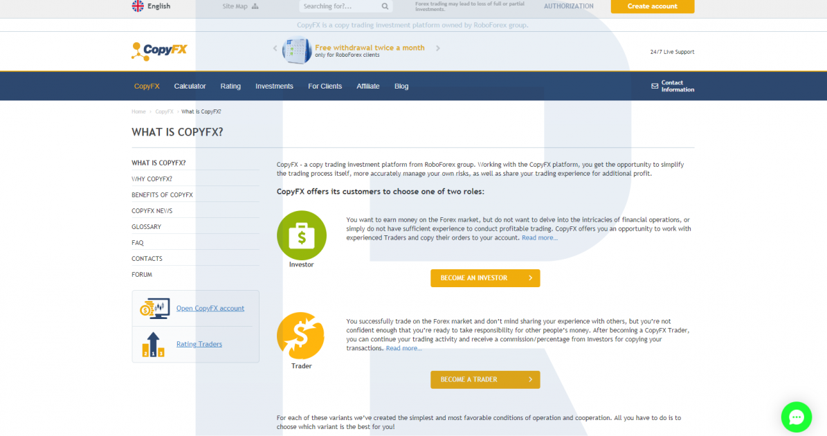 Trading conditions and types of accounts - CopyFX