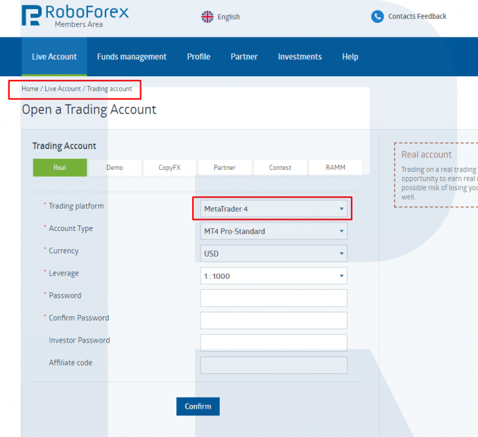 Opening a trading account - CopyFX