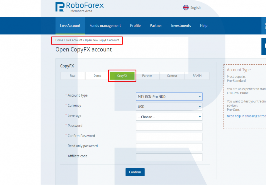 Opening an account - CopyFX