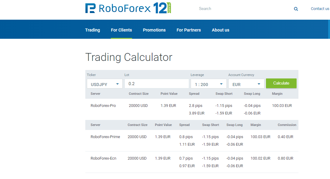 Example of work of the calculator