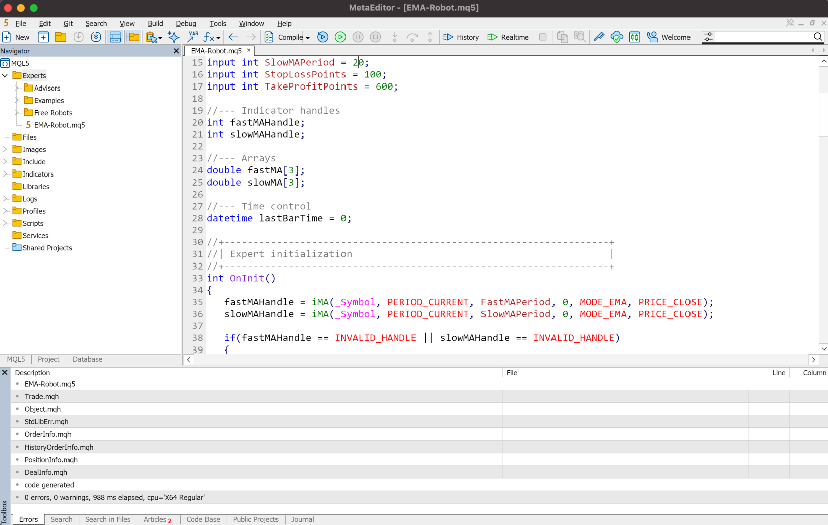 MetaEditor window with MQL5 robot code compiled successfully, 0 errors 0 warnings