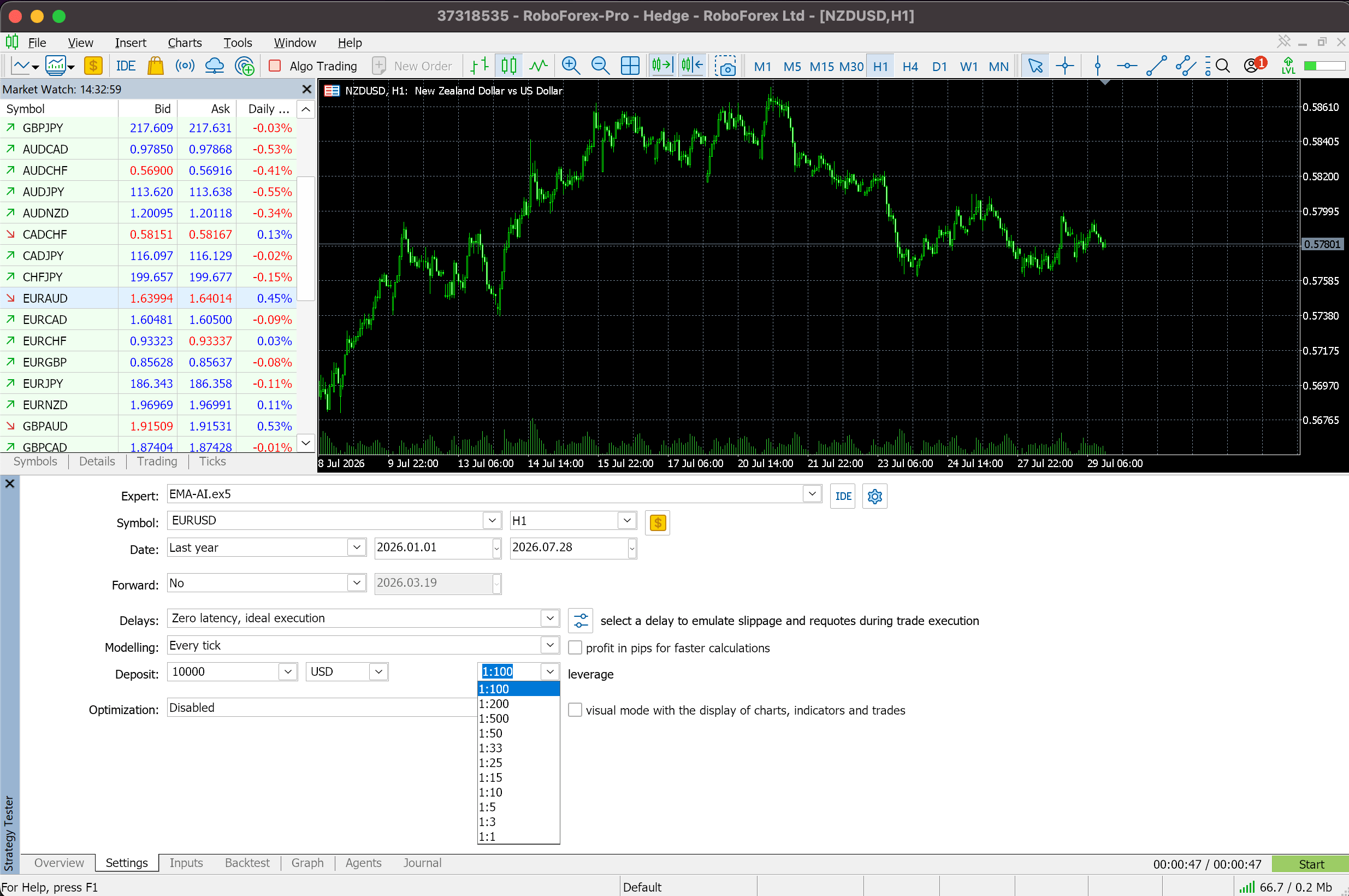 Leverage field in the MetaTrader 5 Strategy Tester set to 1:100