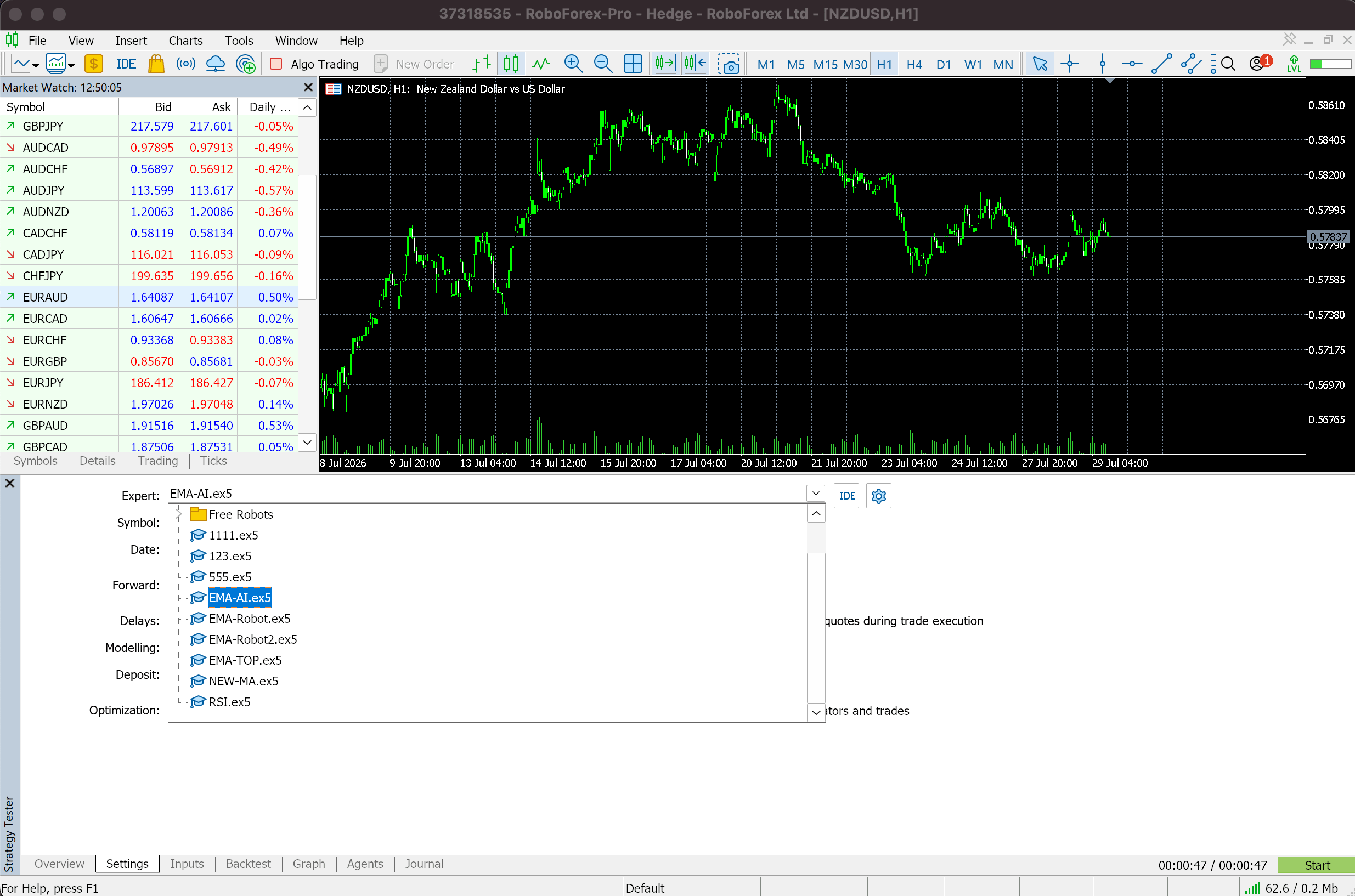 Expert field in the MetaTrader 5 Strategy Tester with a trading robot selected