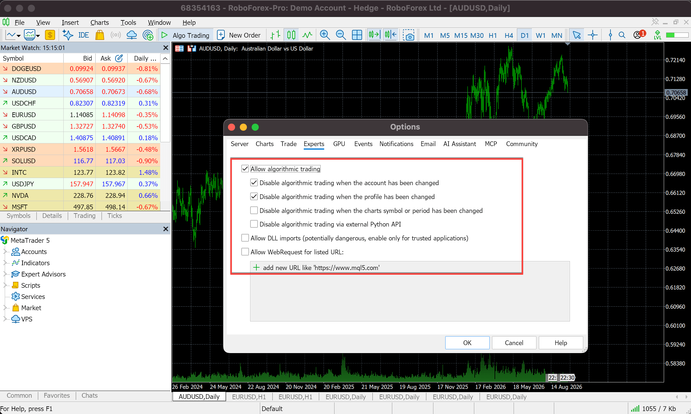 Options window in MetaTrader 5 on the Experts tab, with Allow algorithmic trading ticked and the DLL and WebRequest options below