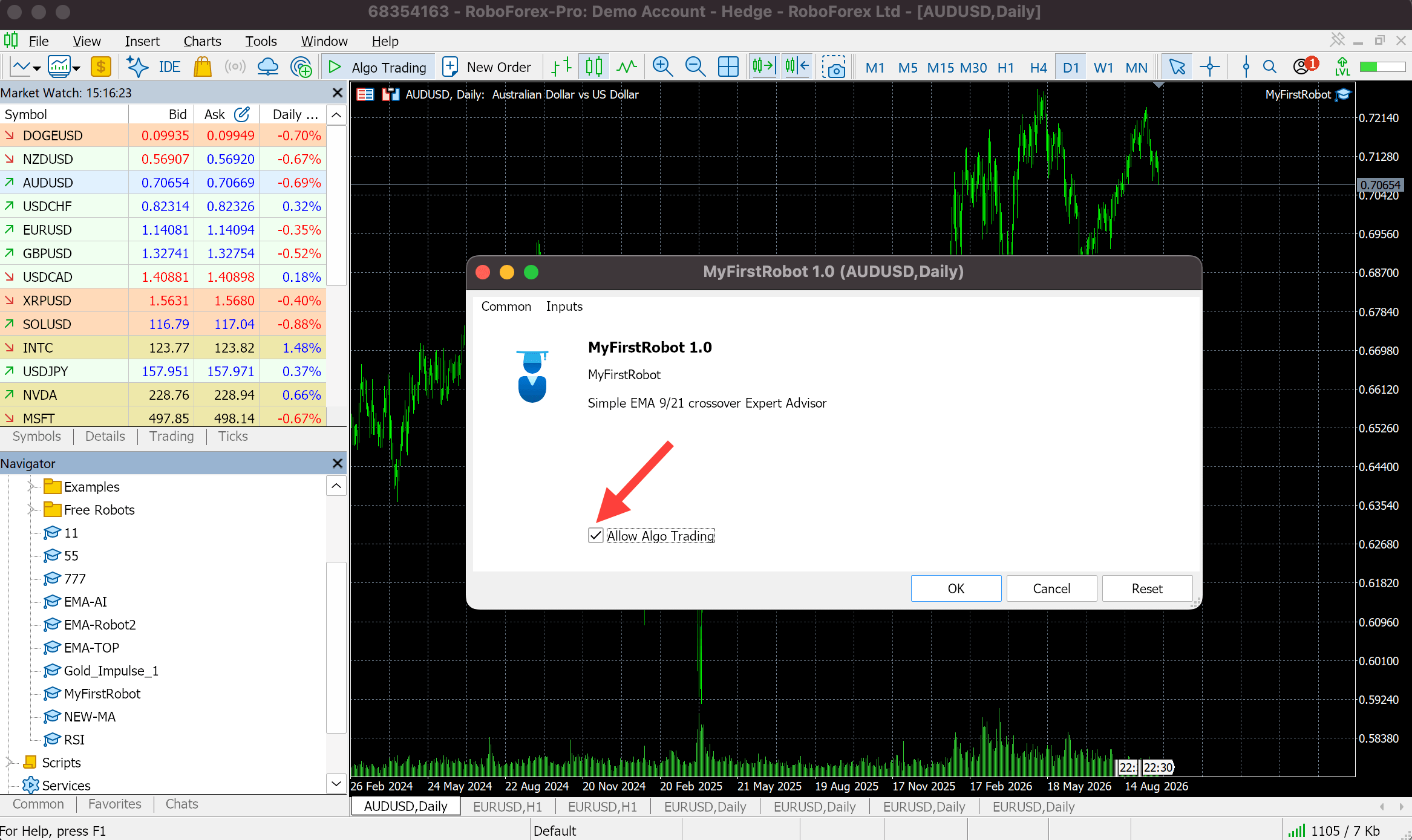 Properties window of the MyFirstRobot Expert Advisor in MetaTrader 5, Common tab, with Allow Algo Trading ticked