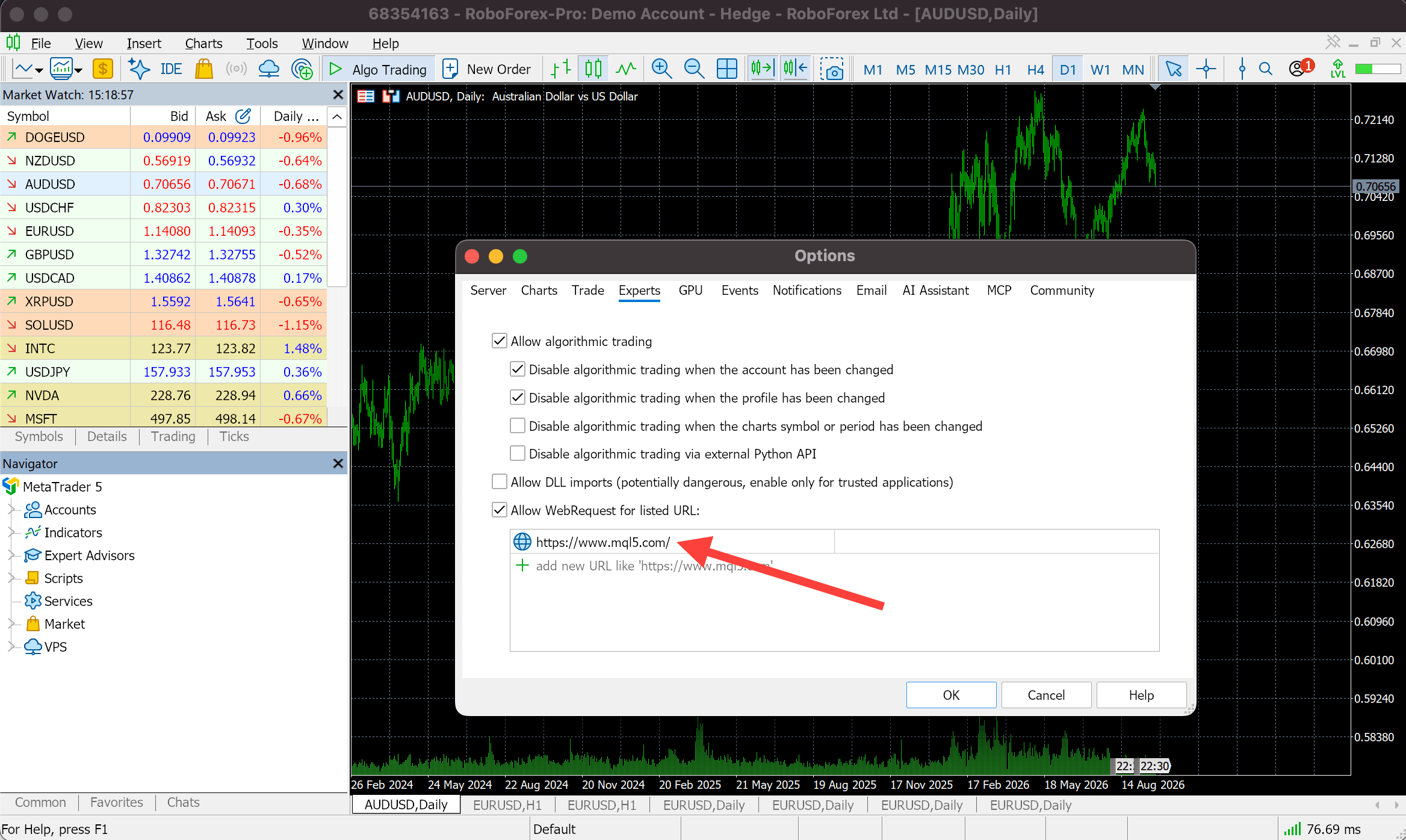 Experts tab in MetaTrader 5 Options with Allow WebRequest for listed URL ticked and https://www.mql5.com/ added to the list