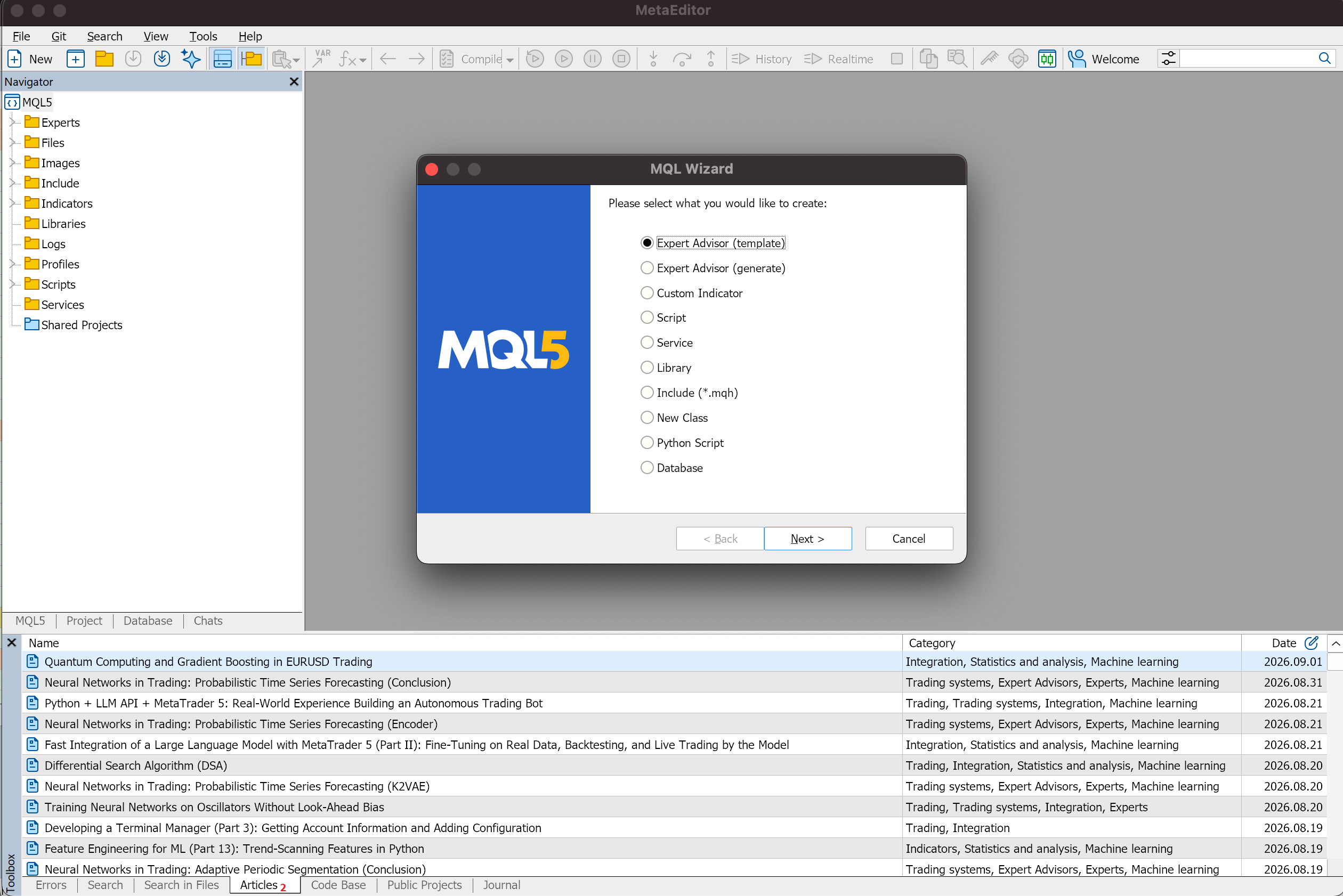 MQL Wizard in MetaEditor with Expert Advisor template selected
