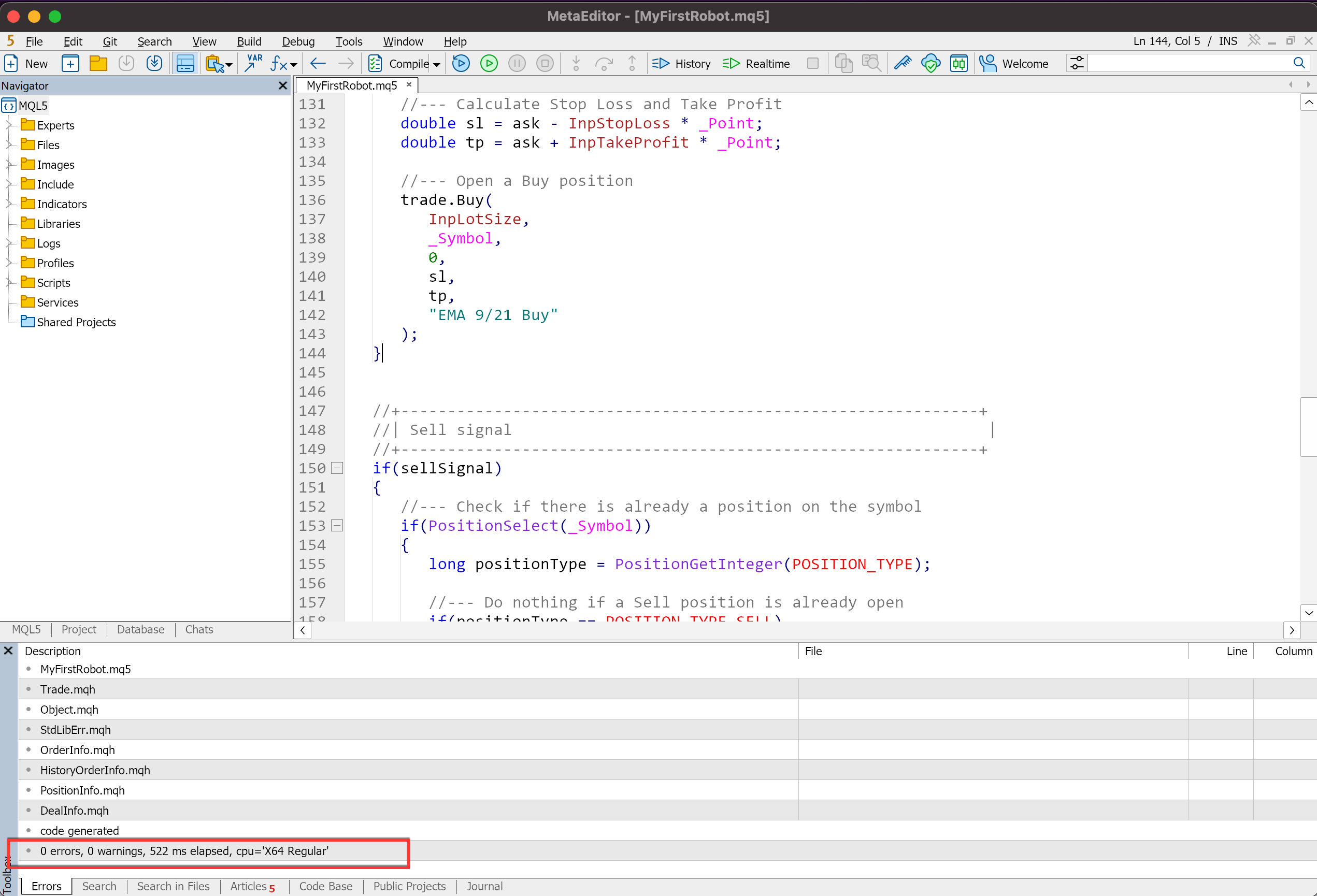 MetaEditor Toolbox showing a successful compile with zero errors and zero warnings