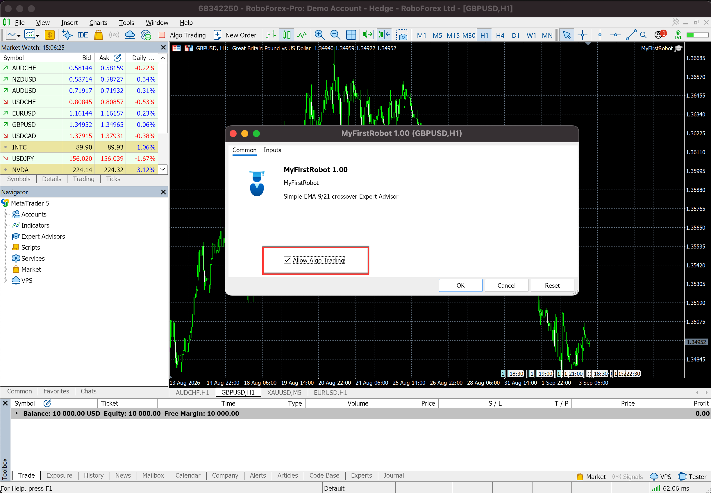 Expert advisor dialog in MetaTrader 5 with Allow Algo Trading enabled on the Common tab