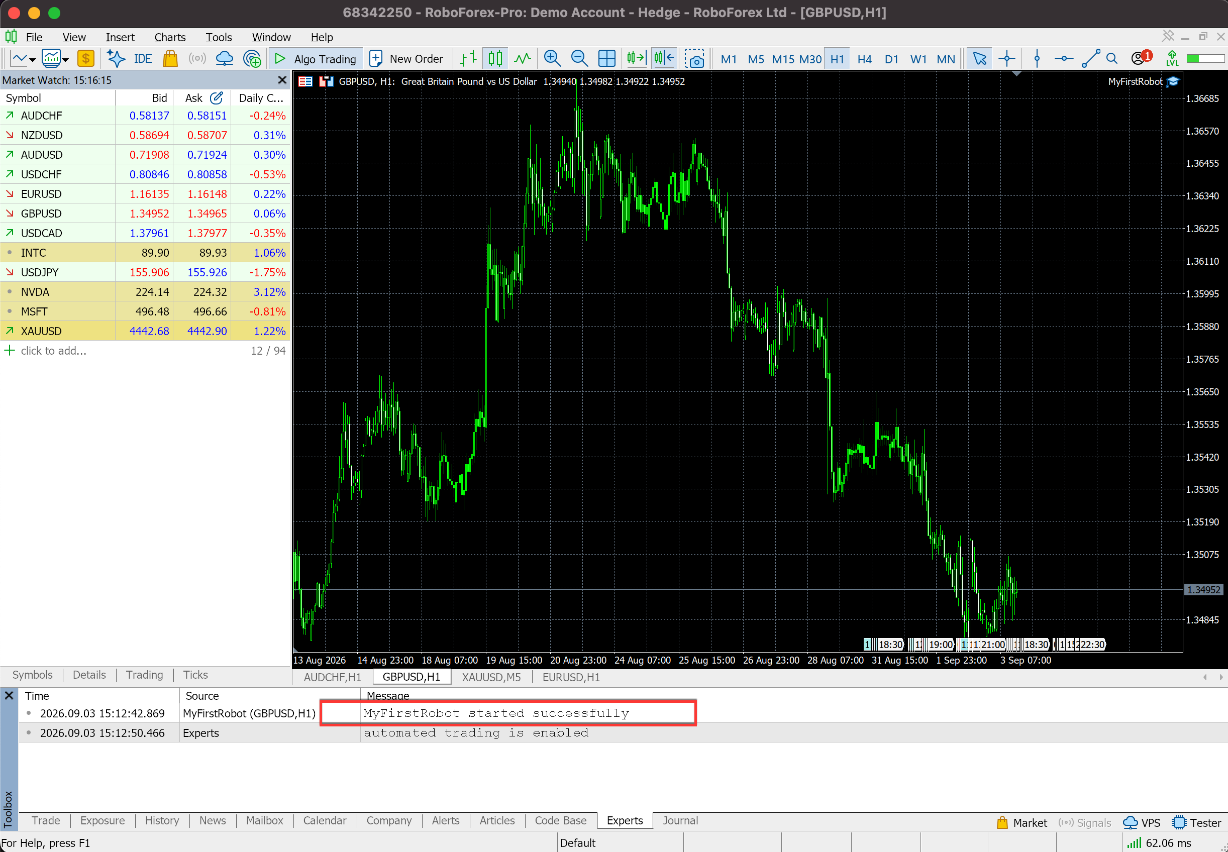 Experts tab of the MetaTrader 5 Toolbox showing expert advisor log messages