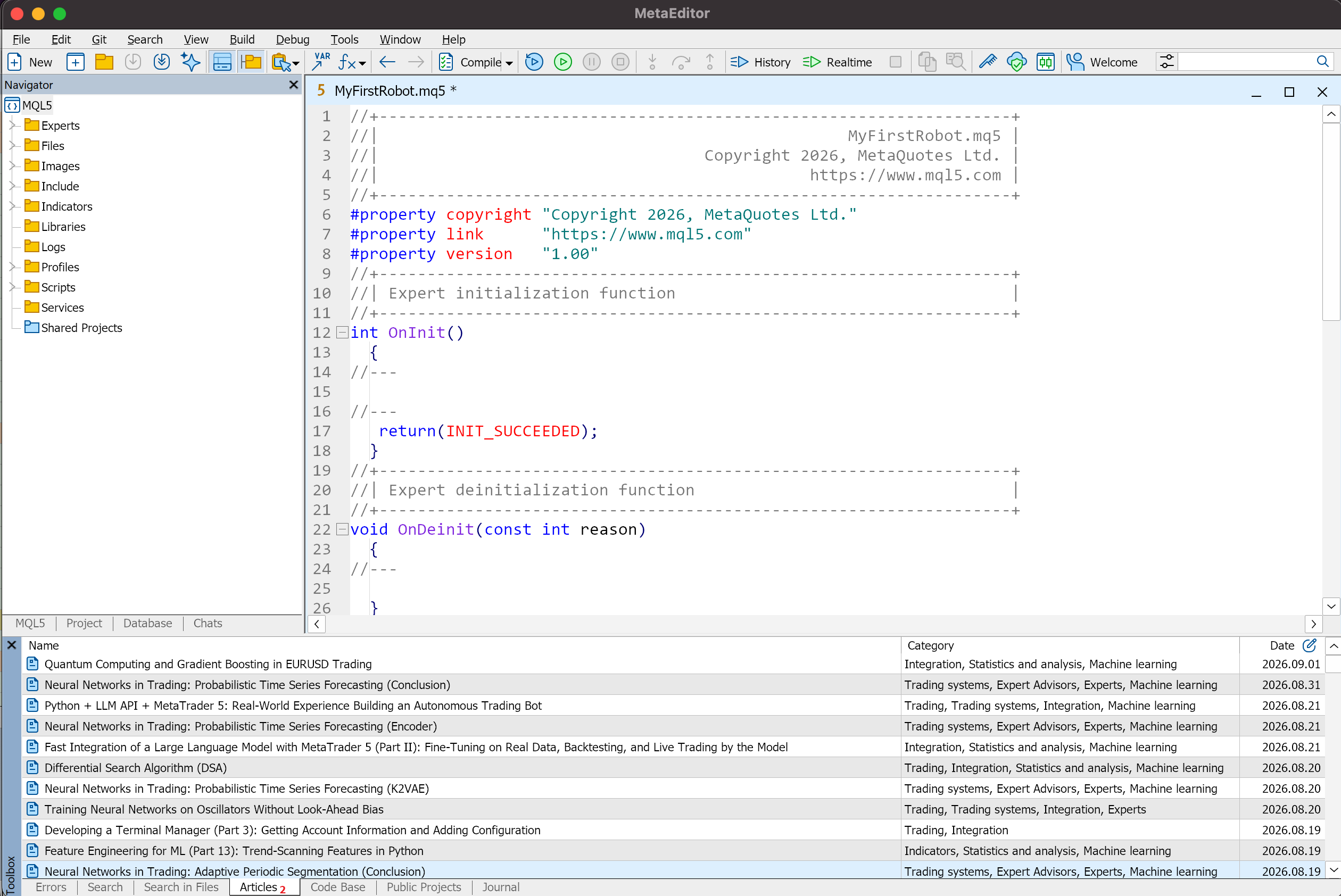 Generated MQL5 expert advisor template open in the MetaEditor code window