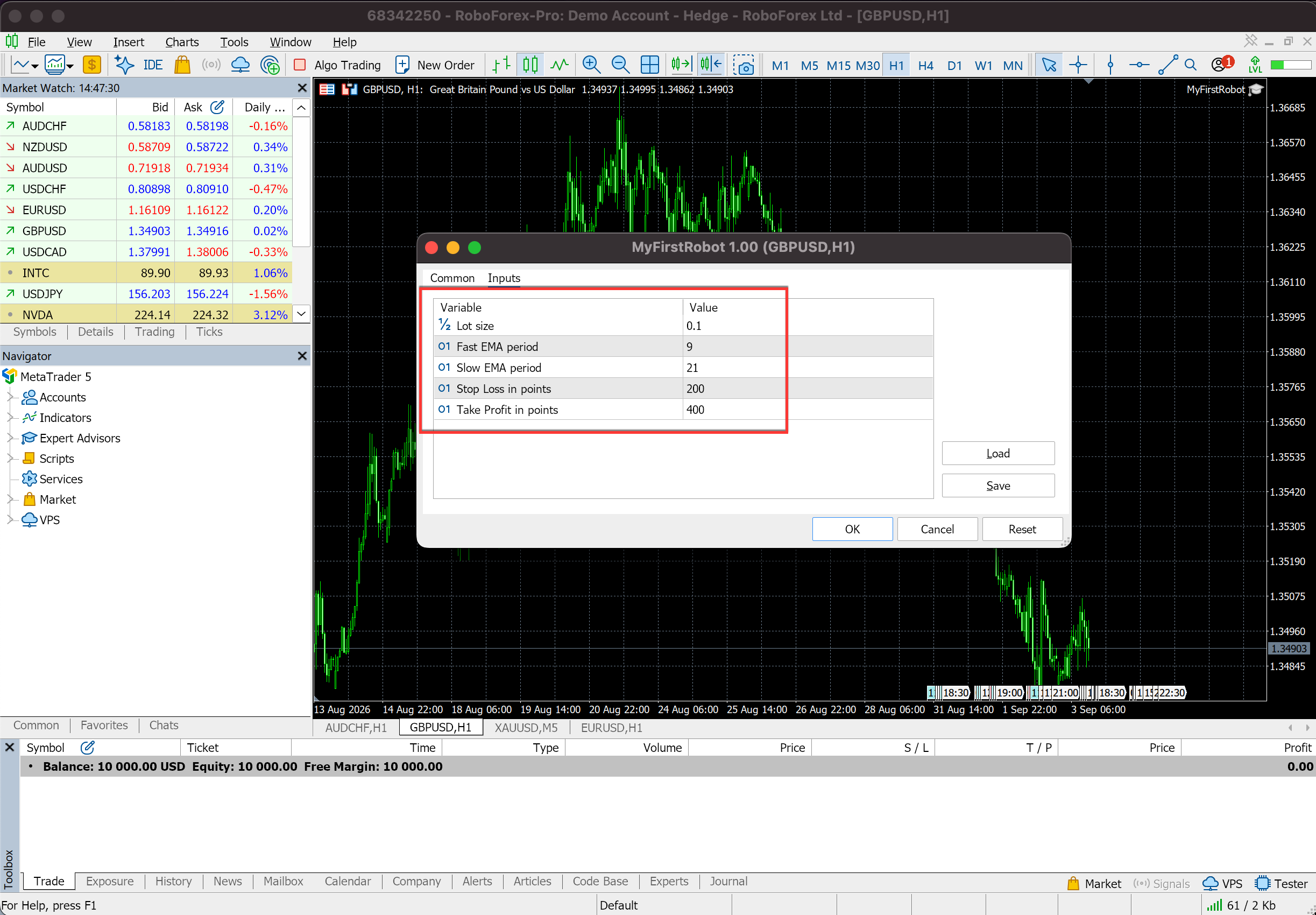 Inputs tab of the expert advisor dialog in MetaTrader 5 showing the editable parameters