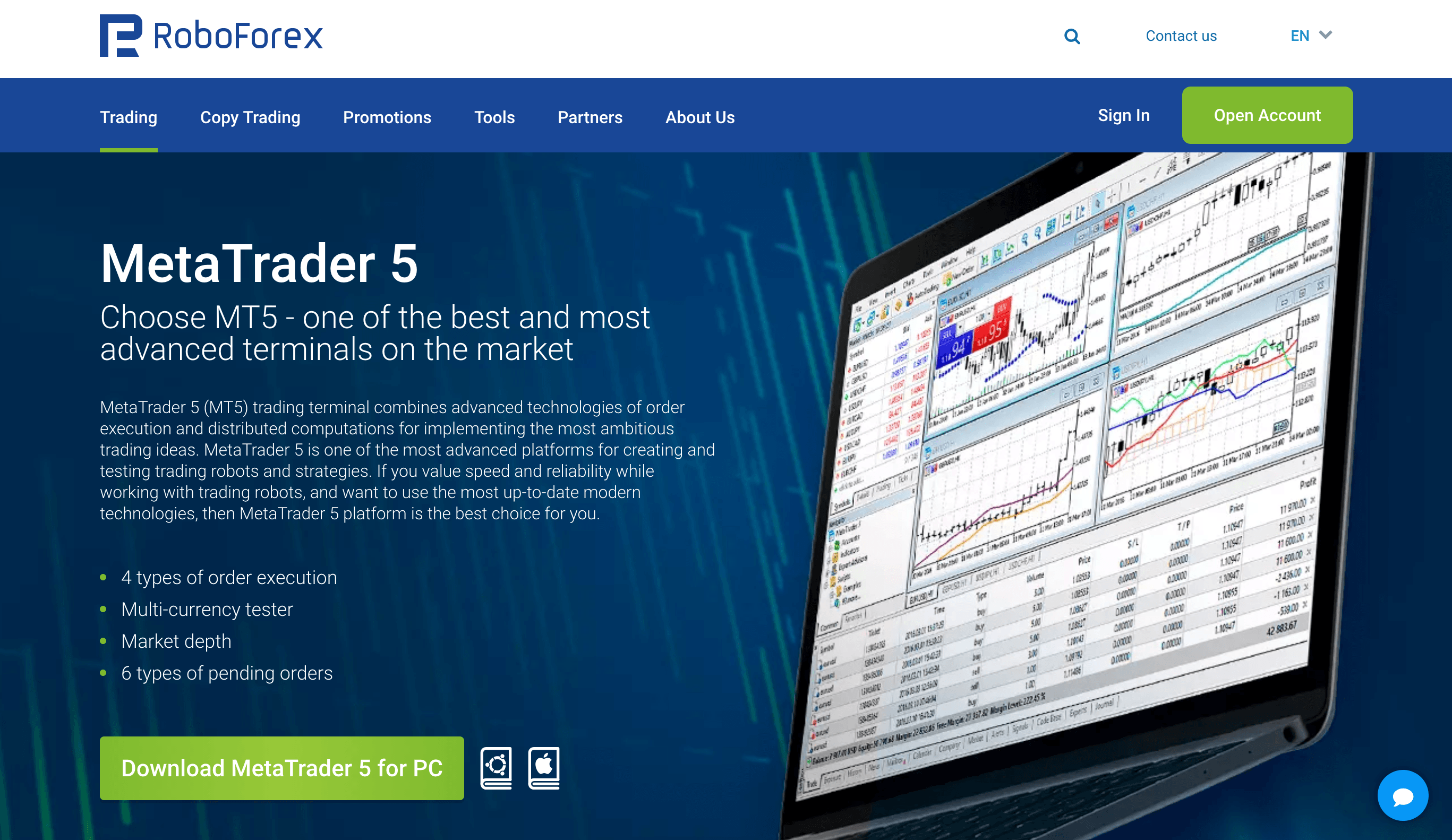 RoboForex MetaTrader 5 page with the Download MetaTrader 5 for PC button