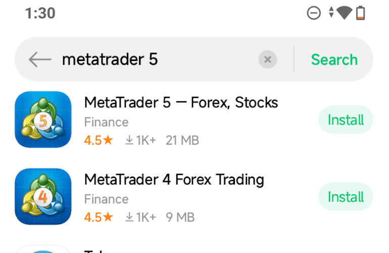 Android app store search results for MetaTrader 5