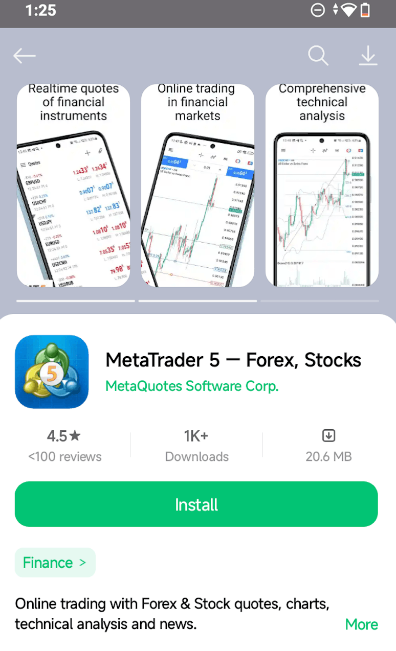 MetaTrader 5 app page on Android showing MetaQuotes Software Corp. as the developer and the Install button
