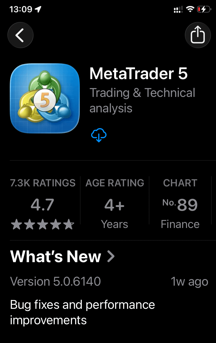 MetaTrader 5 app page in the App Store with the download button