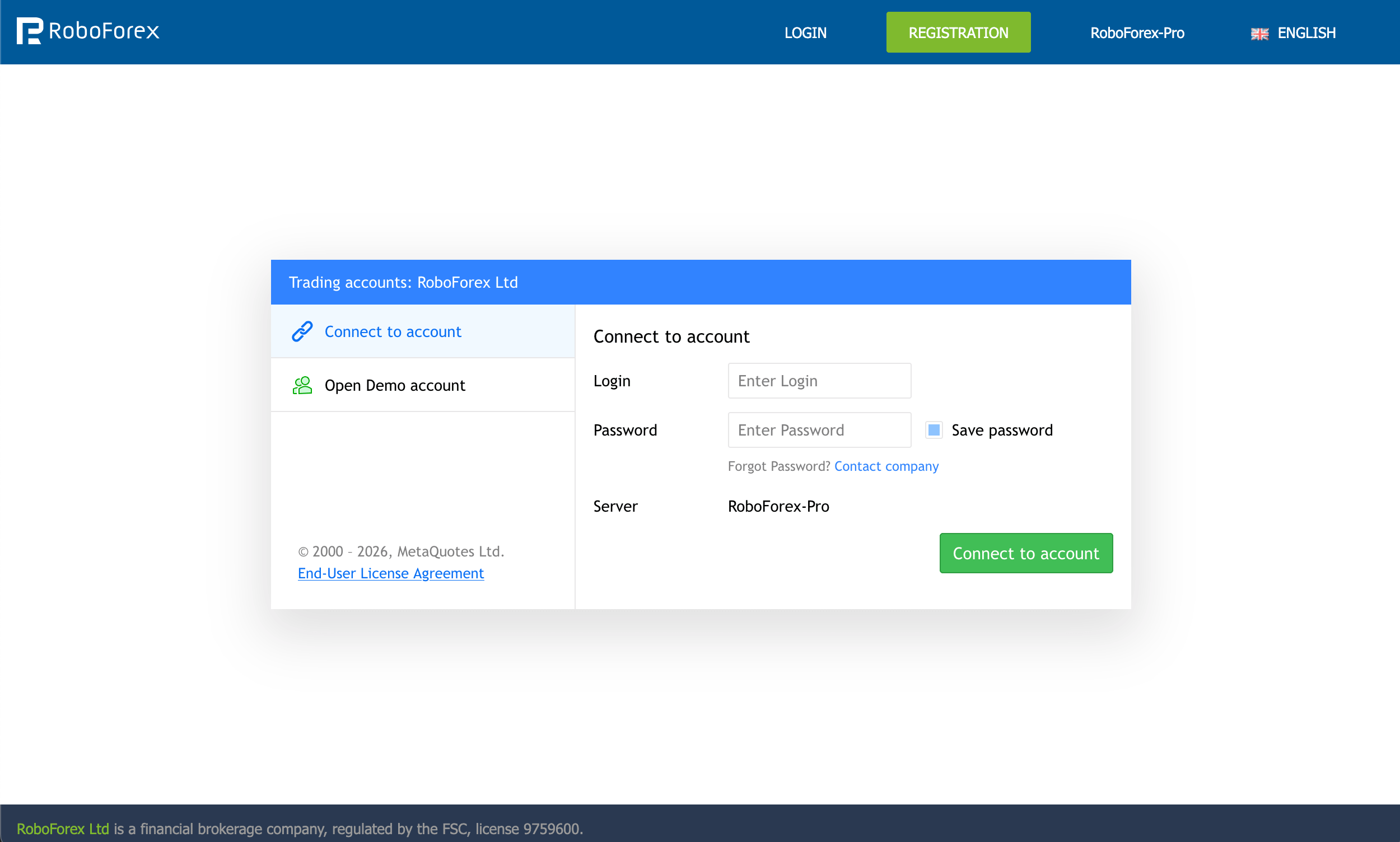 RoboForex MetaTrader 5 Web Terminal login form with Login, Password and Server fields
