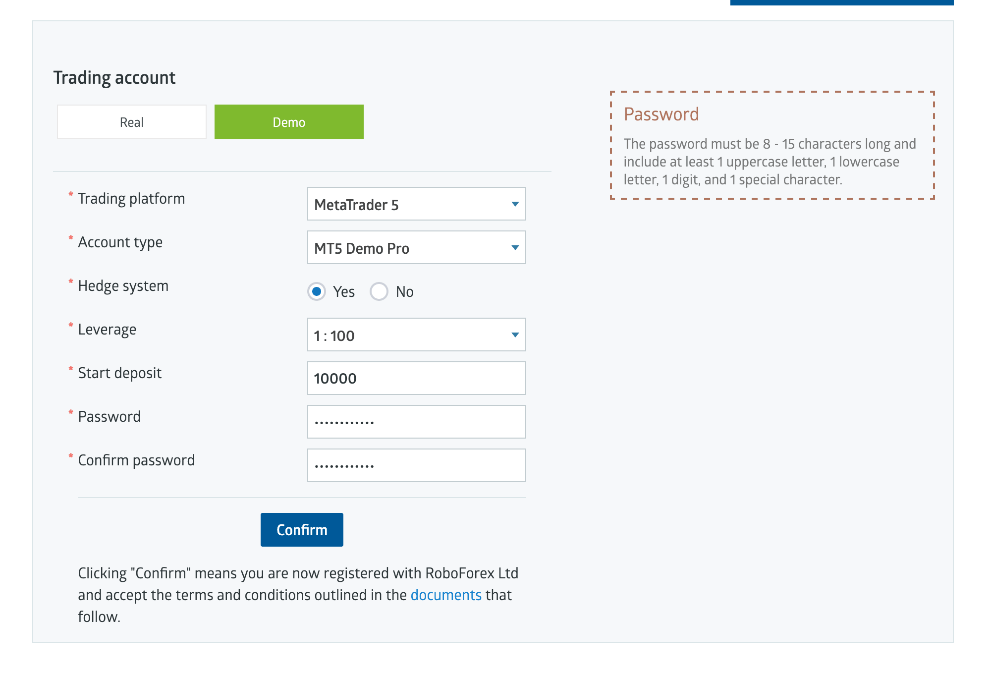 RoboForex new trading account form with Demo selected, MetaTrader 5 platform and MT5 Demo Pro account type
