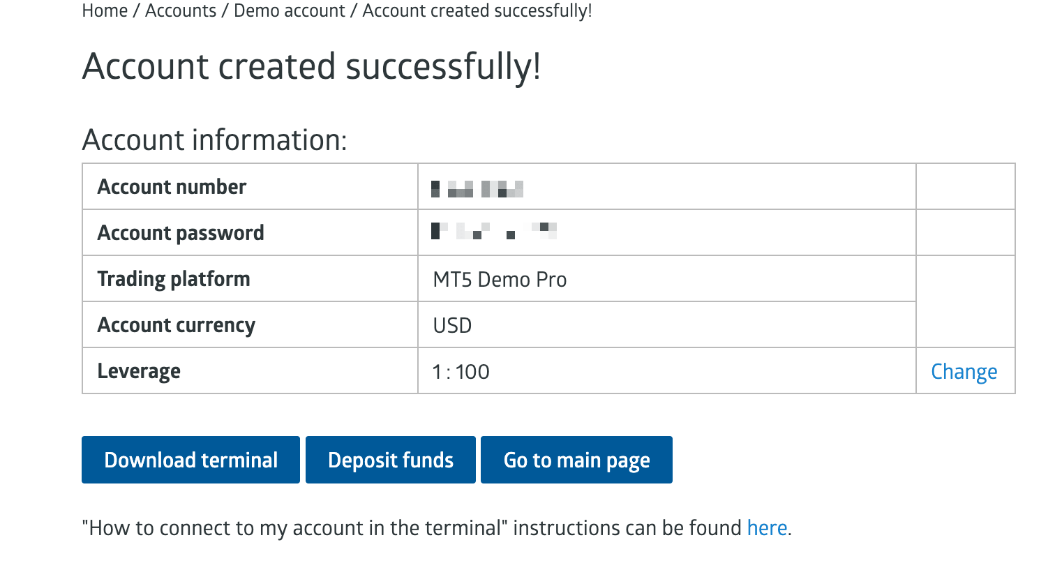 RoboForex Account created successfully page with account number, password, platform, currency and leverage