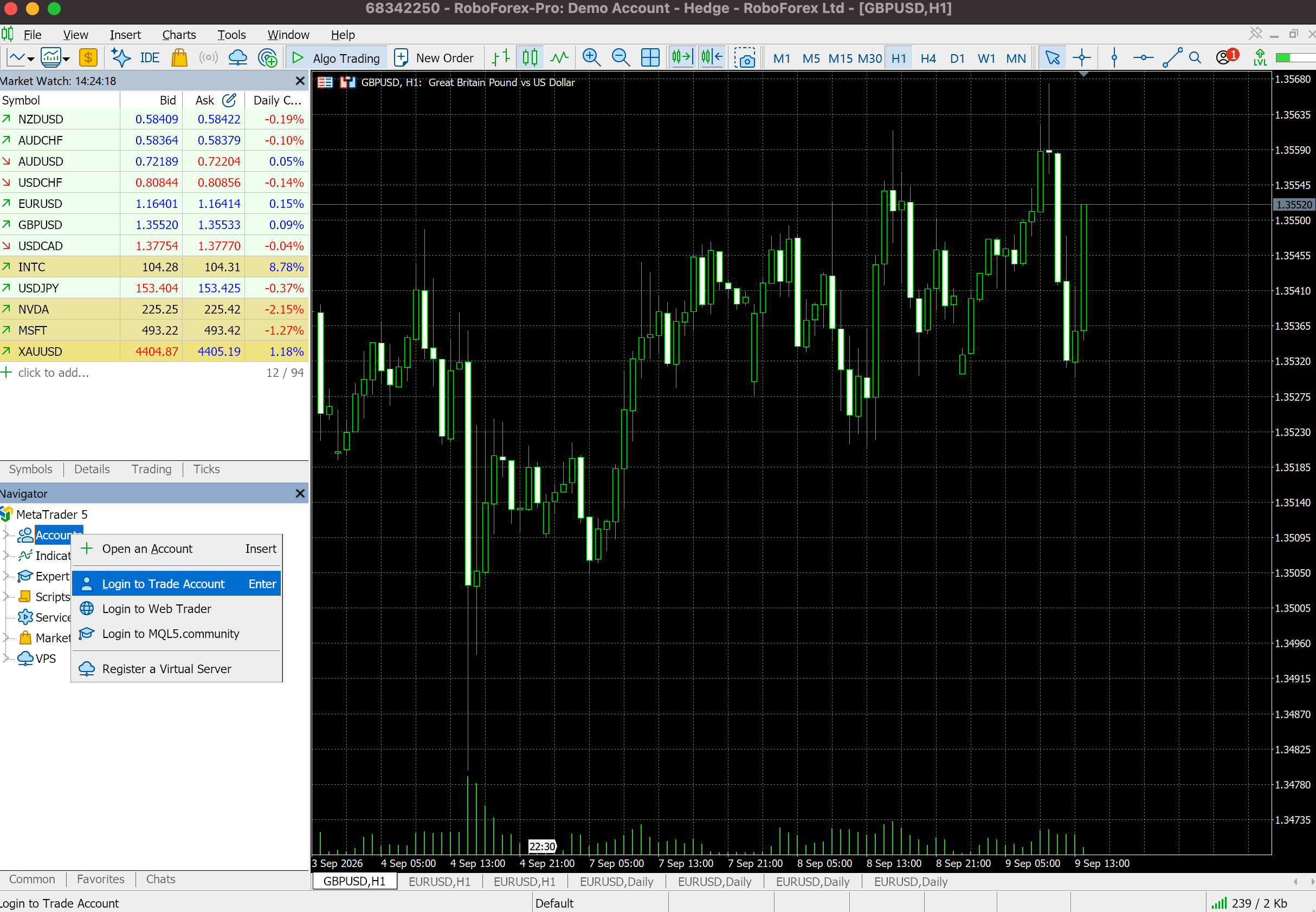 MetaTrader 5 Navigator with the Accounts context menu open and Login to Trade Account highlighted