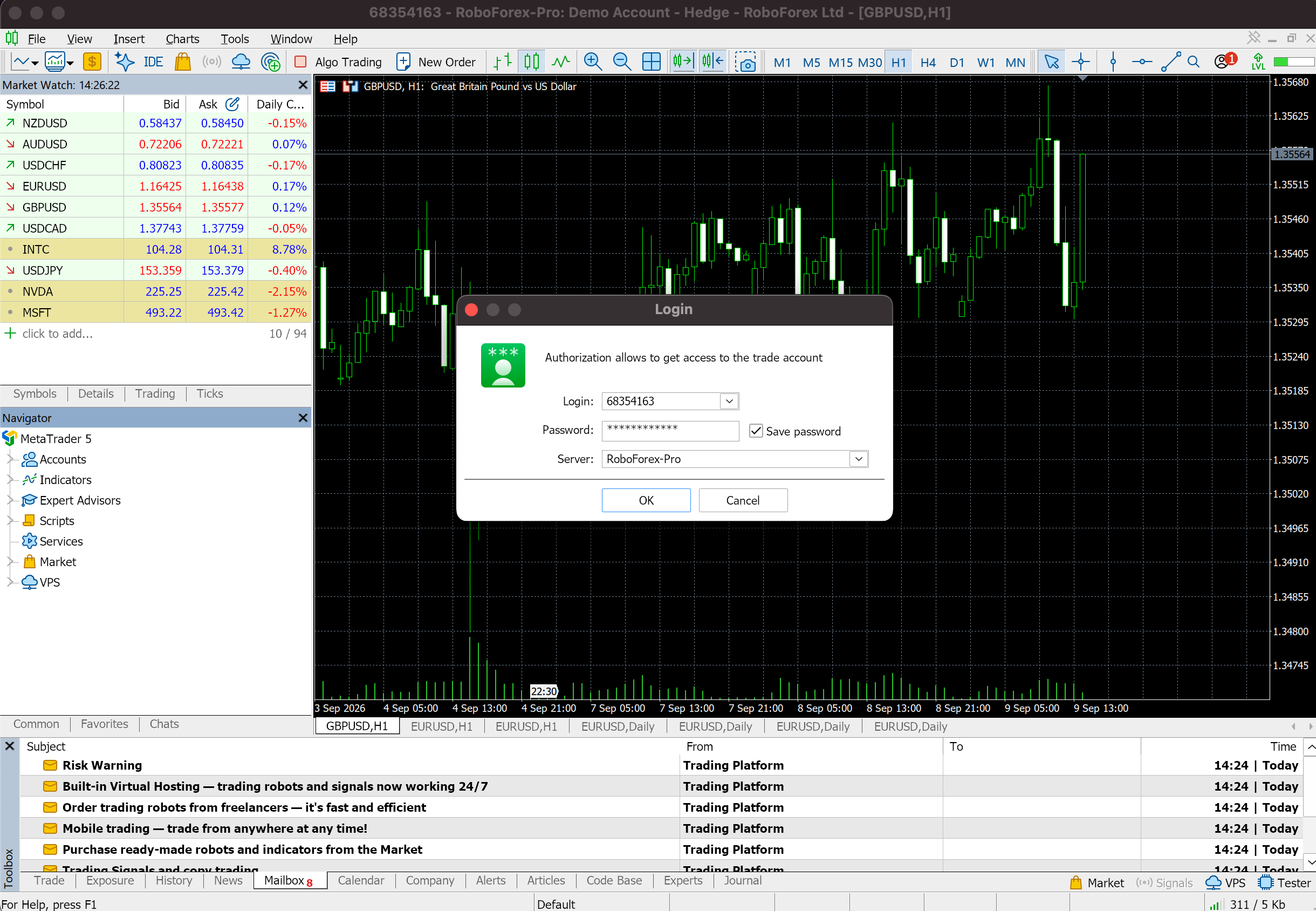 MetaTrader 5 Login dialog with Login, Password, Save password and Server fields filled in