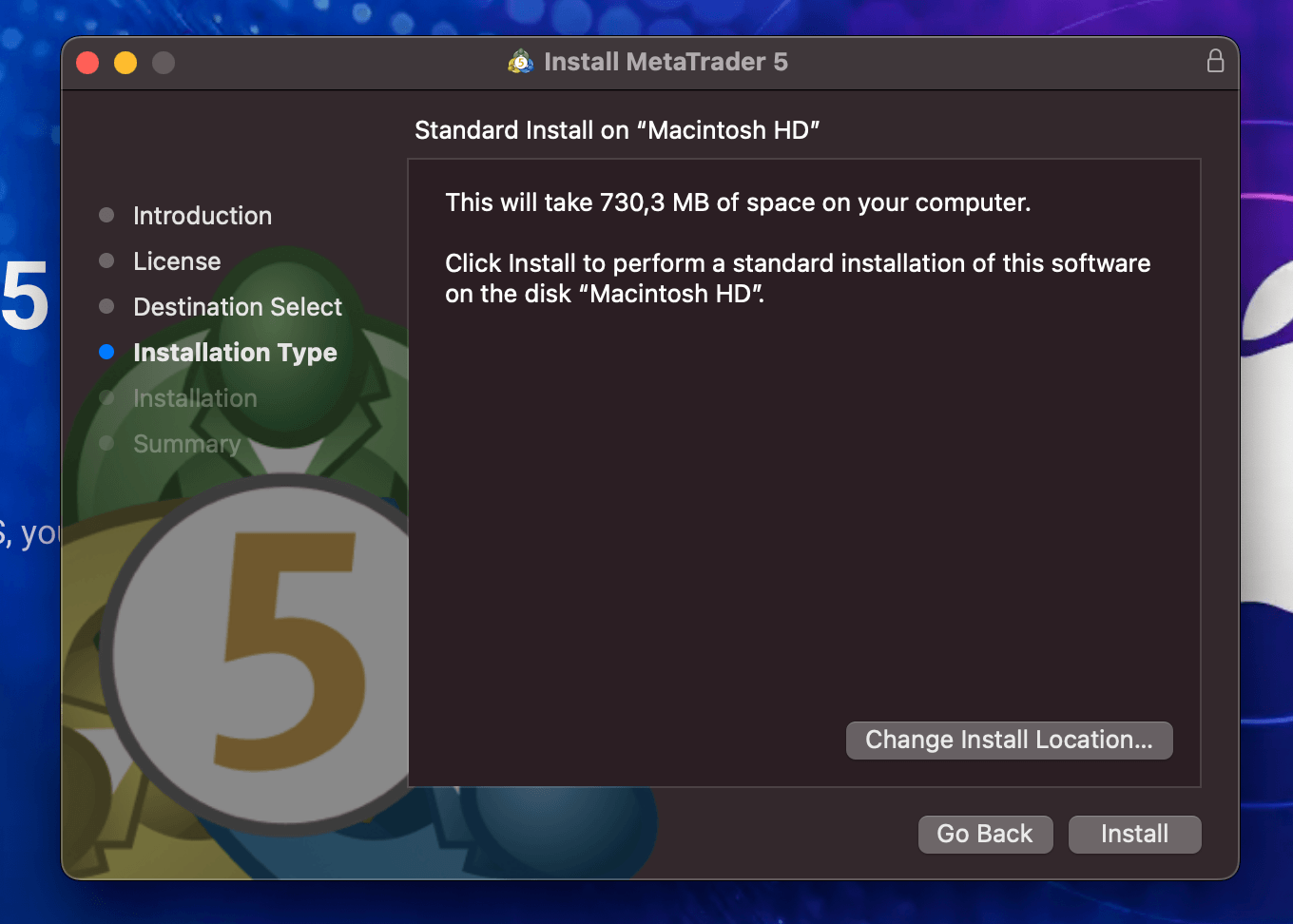 MetaTrader 5 macOS installer Standard Install screen with the Install button