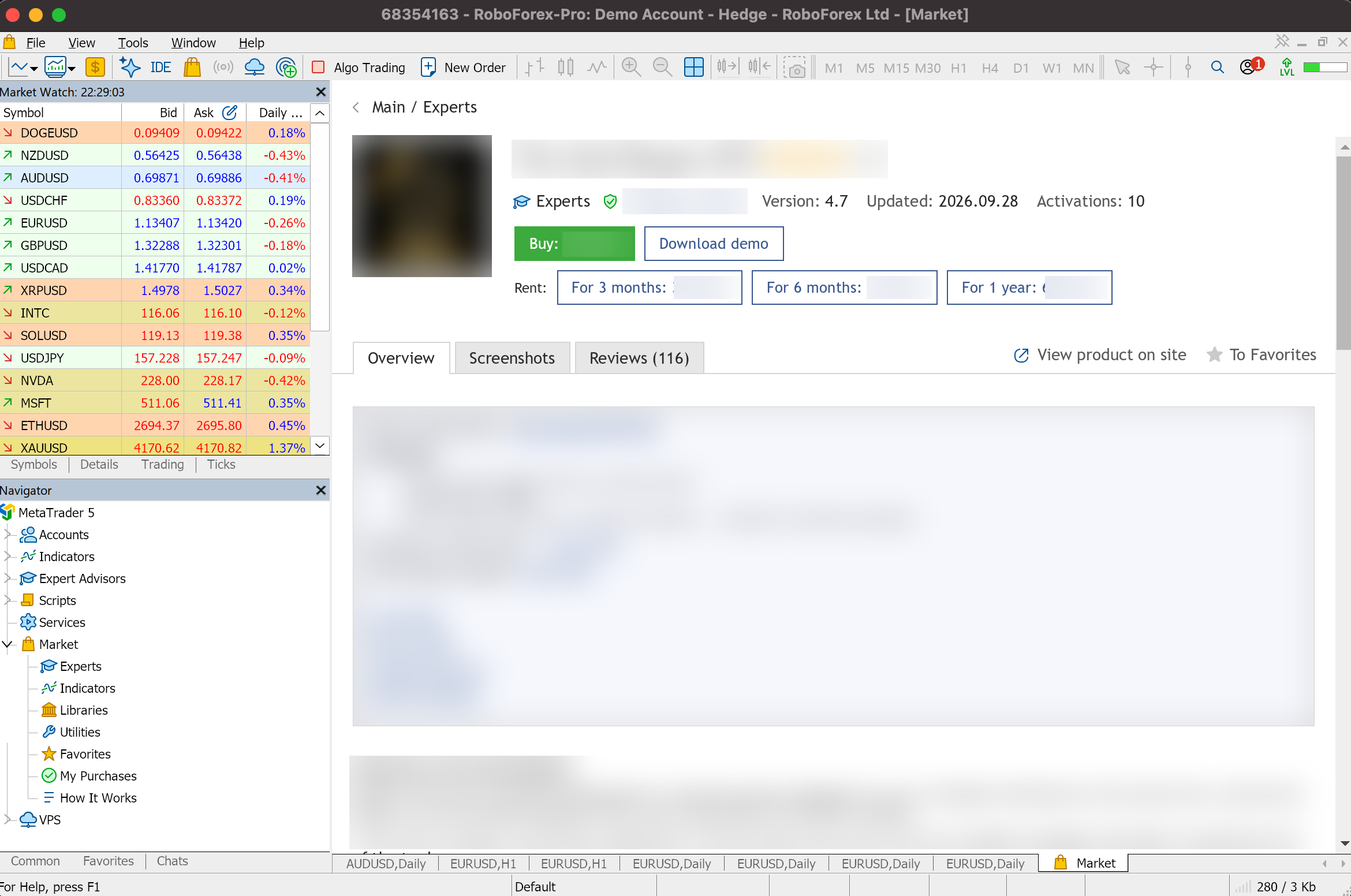 Paid Expert Advisor product page in the MetaTrader 5 Market with Buy, Download demo and three rental periods