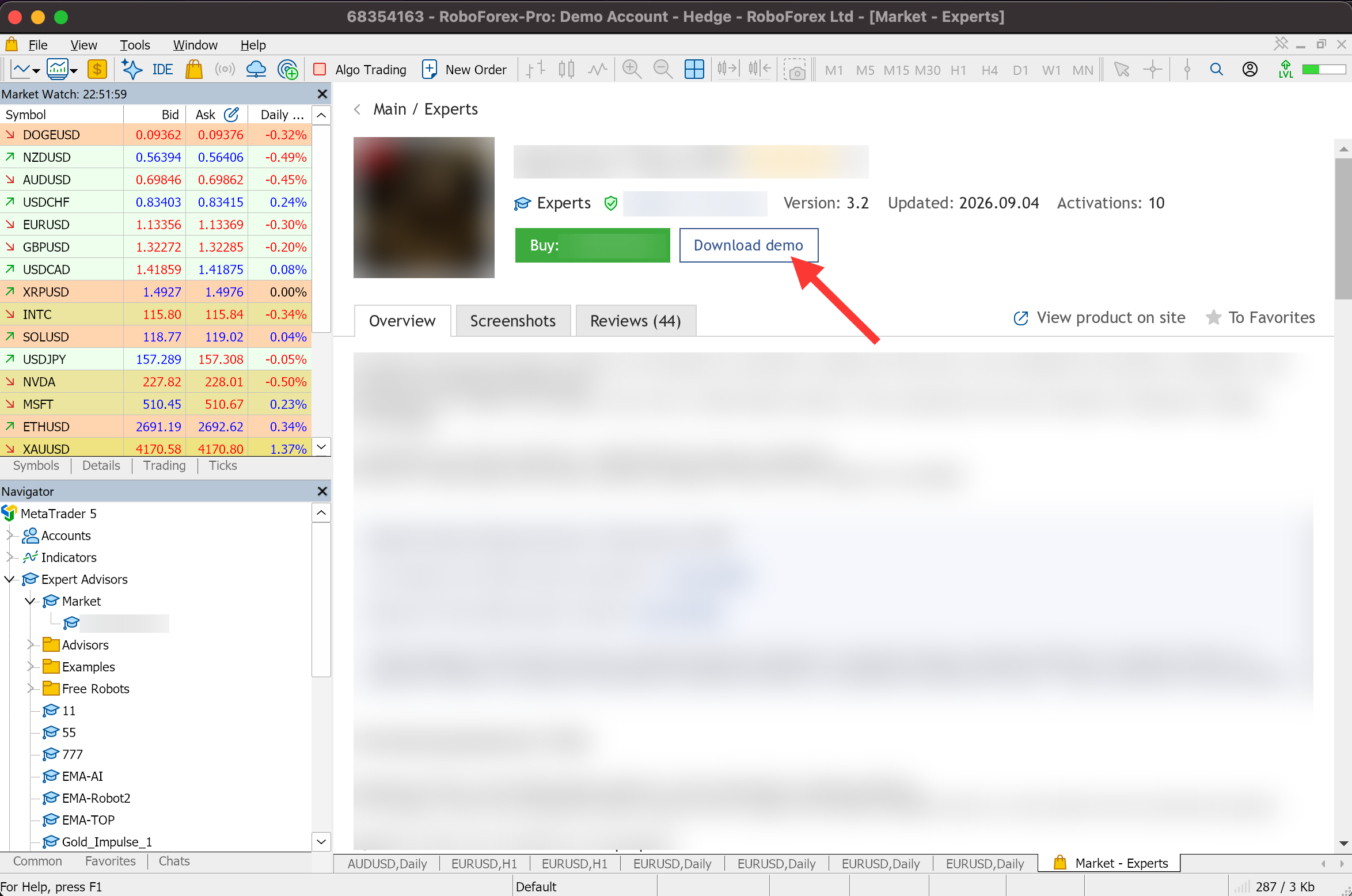 Paid Expert Advisor product page in the MQL5 Market with the Download demo button next to Buy