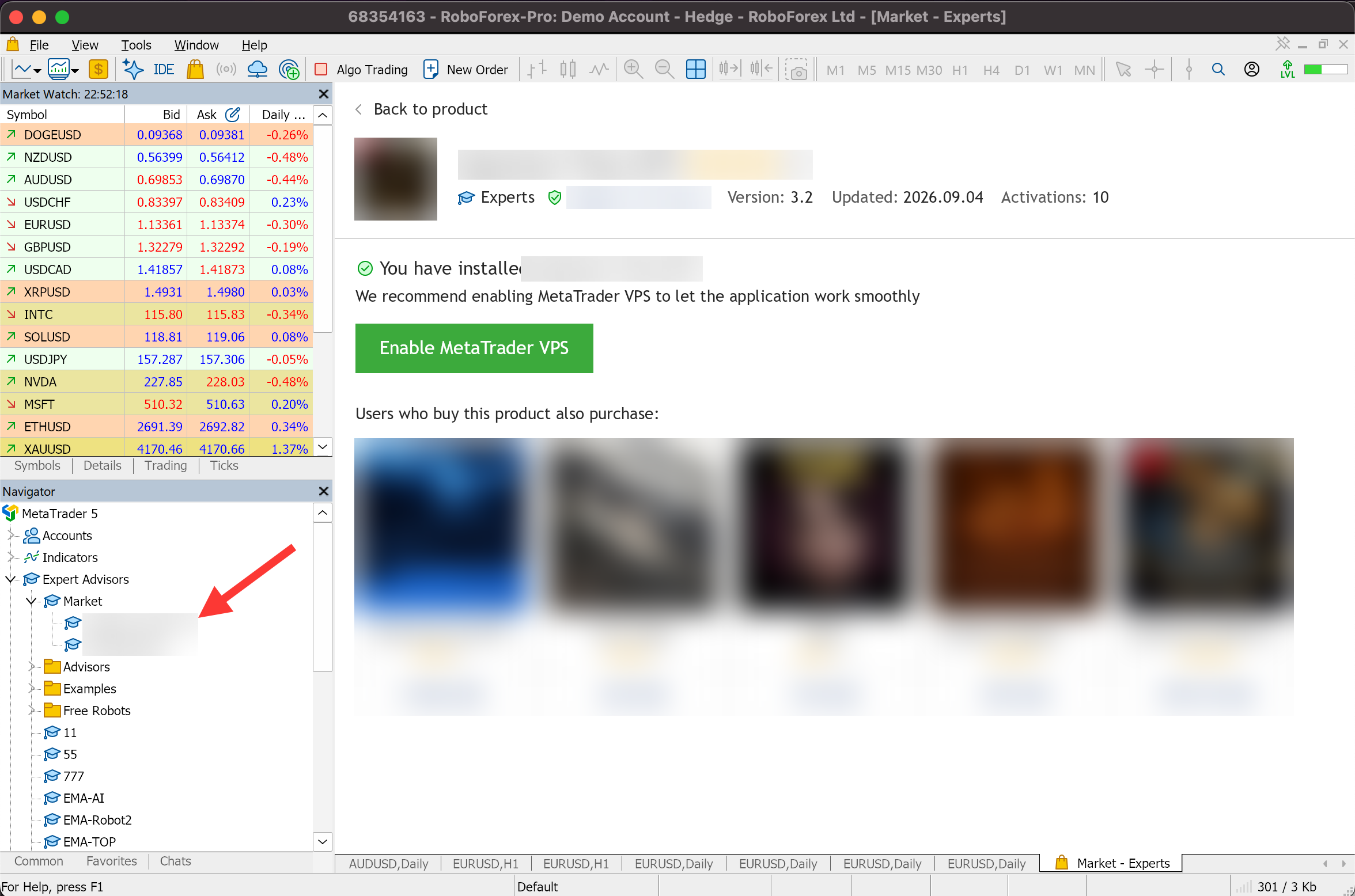 MetaTrader 5 confirmation that the demo was installed, with the robot listed in the Navigator under Expert Advisors, Market