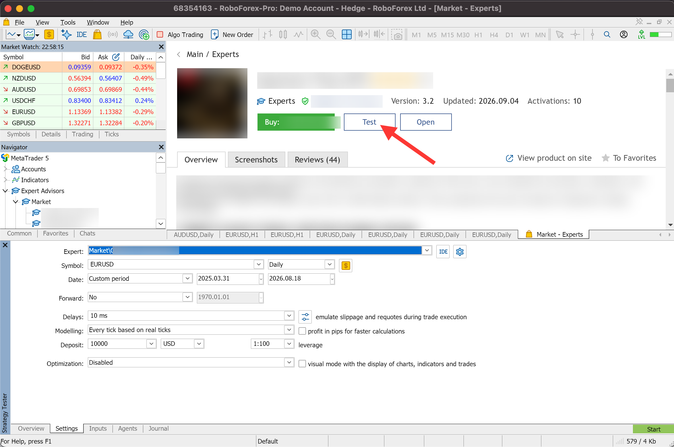 Product page with the Test button after the demo download, and the MetaTrader 5 Strategy Tester opened with the robot selected