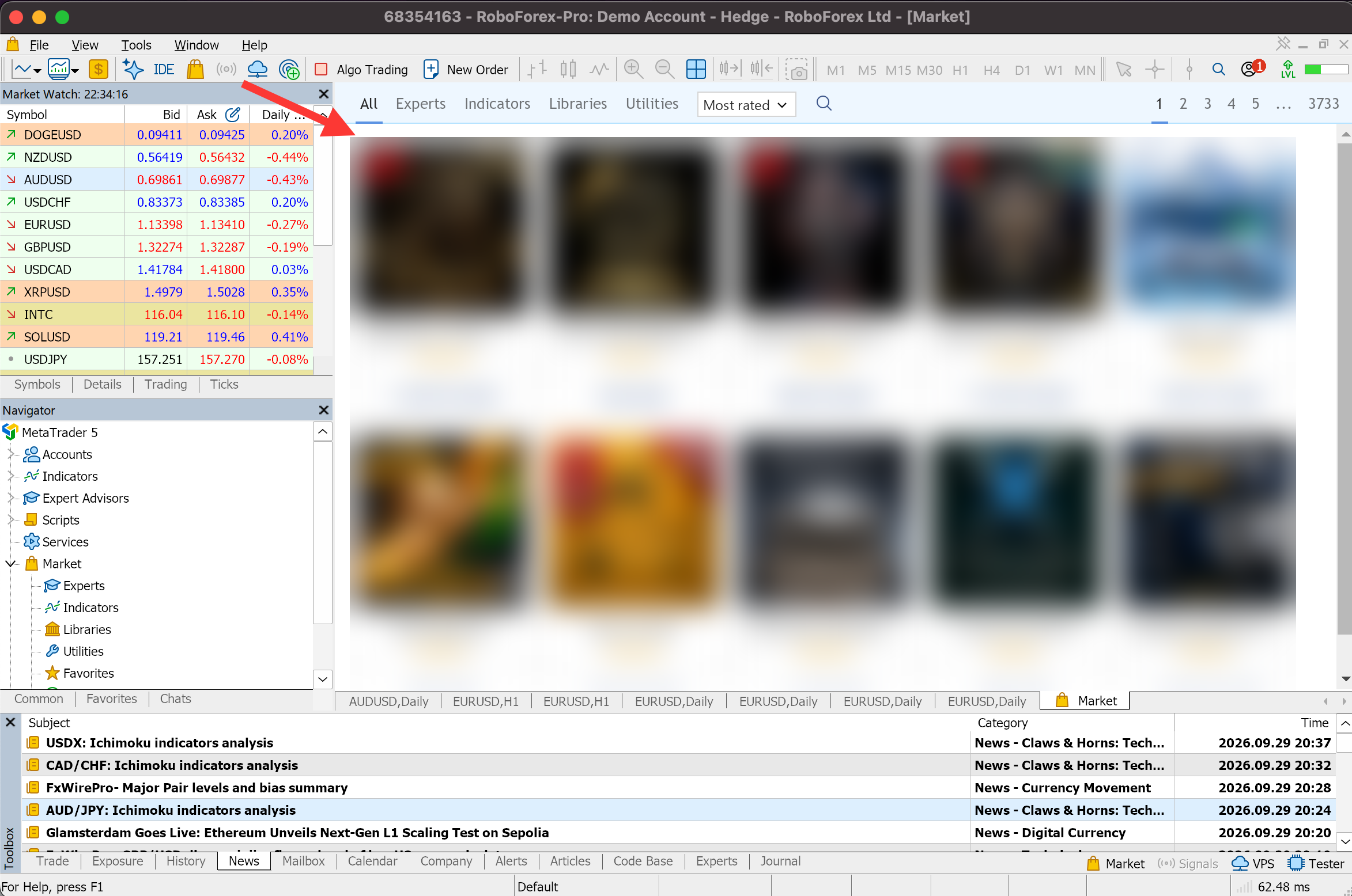 MQL5 Market catalogue in MetaTrader 5 with tabs for Experts, Indicators, Libraries and Utilities