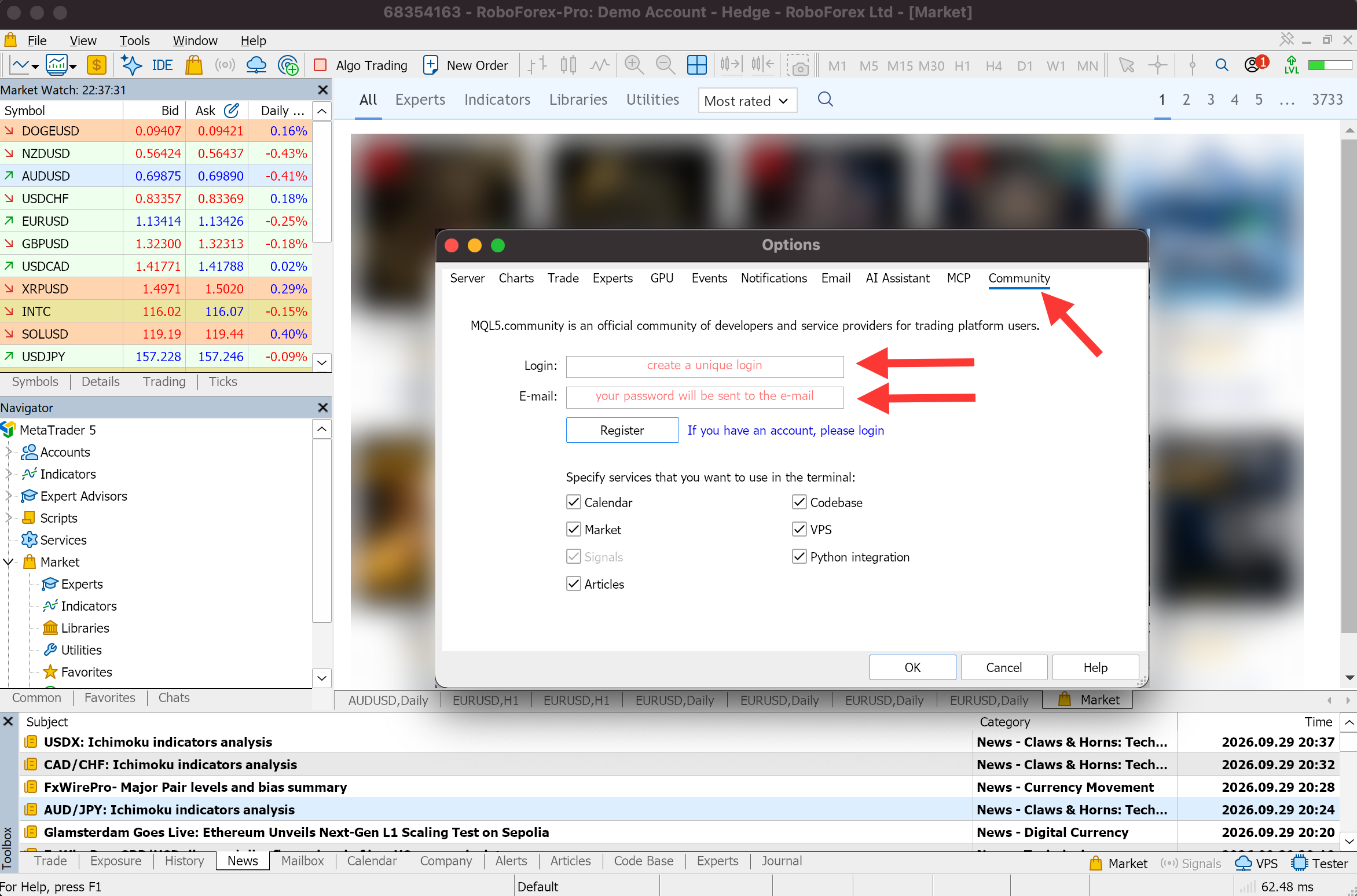 Community tab of the MetaTrader 5 Options window with Login and E-mail fields and a Register button