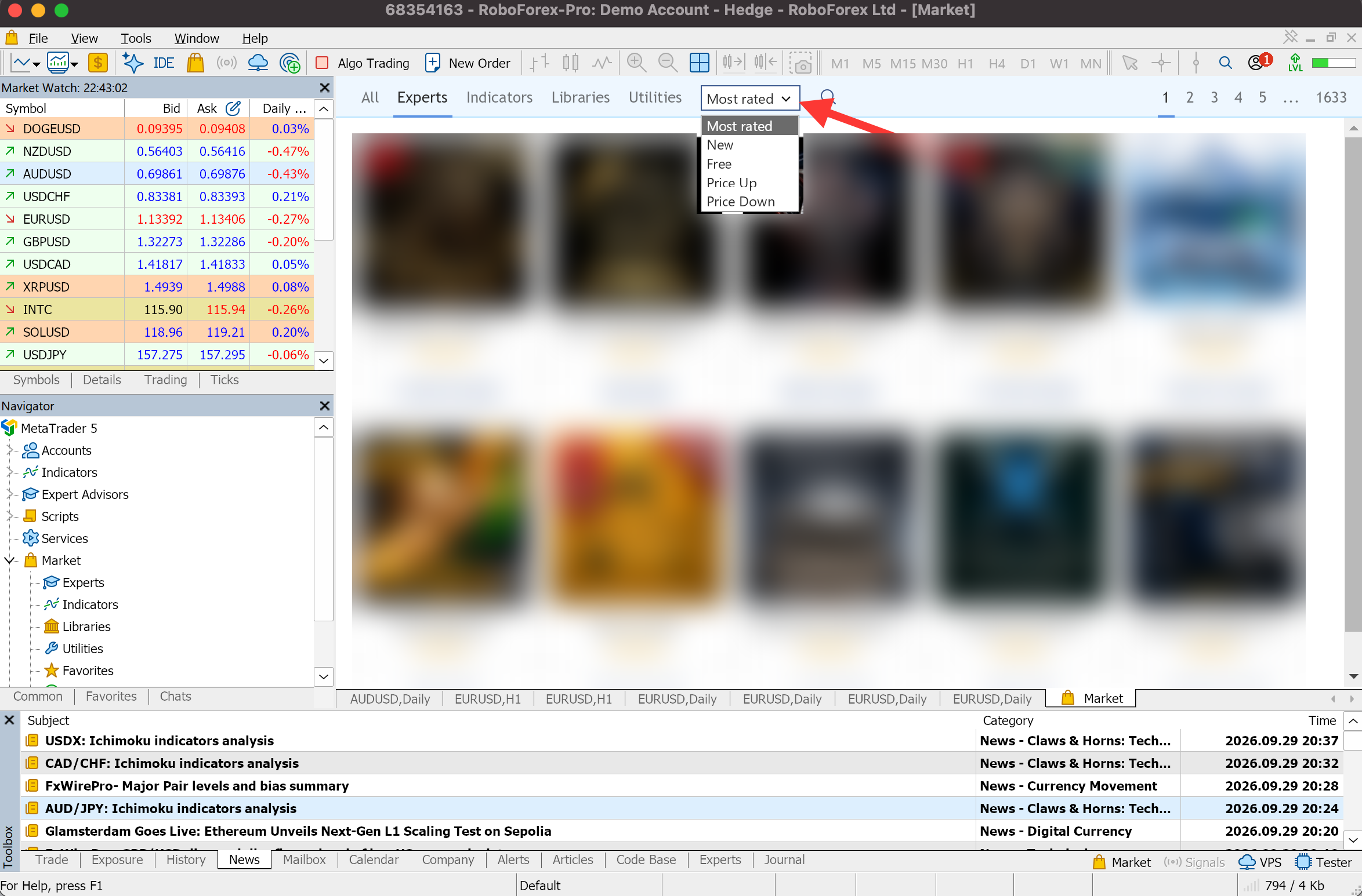 Experts tab of the MQL5 Market in MetaTrader 5 with the sort list open and Free among the options