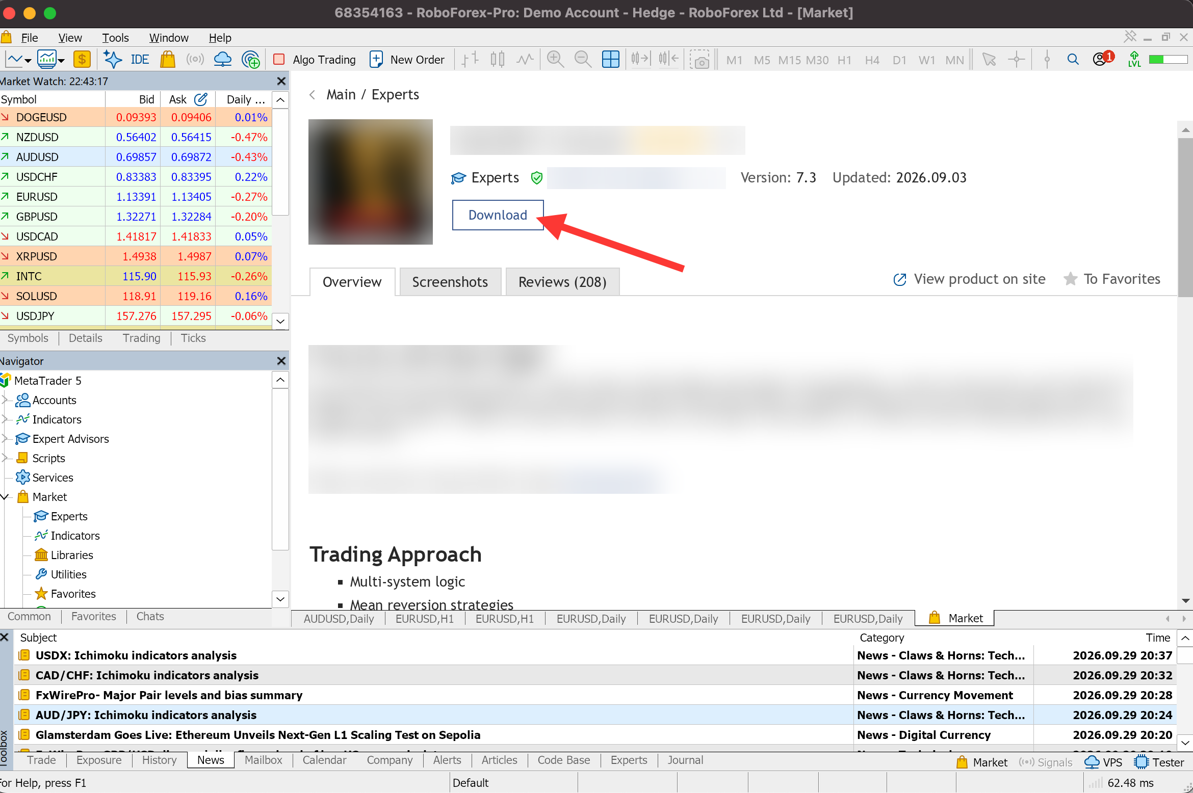Free Expert Advisor product page in the MQL5 Market with the Download button