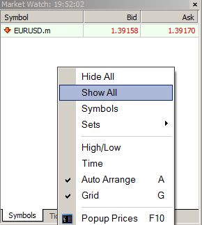 Customizing the Market Watch window for MT4 Demo Pro account